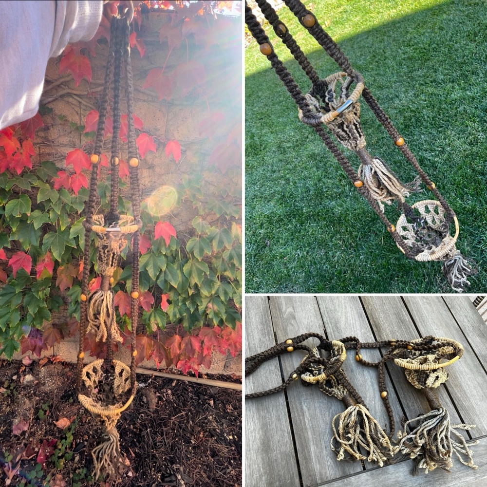 Vintage 70s Macrame Double Plant Hanger in Brown Tan with Wood Beads